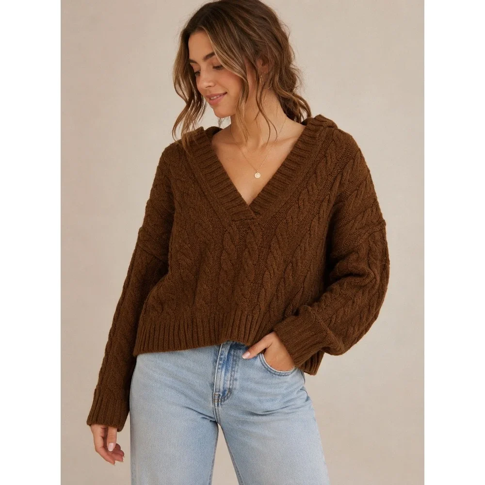 American Eagle Hooded Sweater Small Brown Cable Knit V-Neck Cropped Cozy Fall